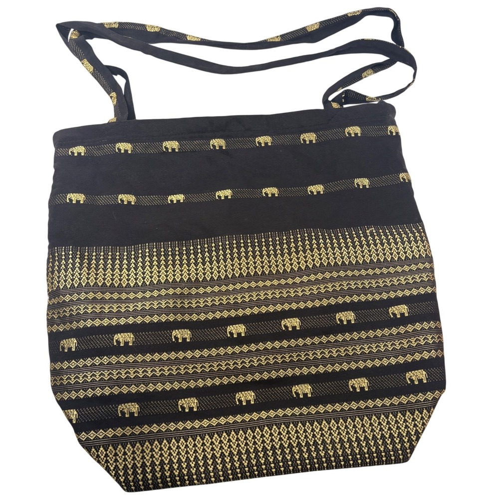 Vintage Black Gold Elephant Woven Tote Bag Boho Zipper Shoulder Bag Large
